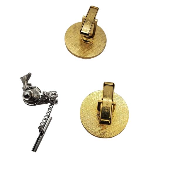 Fish Trout Cufflinks Tie Pin Gold Silver Tone Tac Fisherman 1970s Round Links - Picture 7 of 7